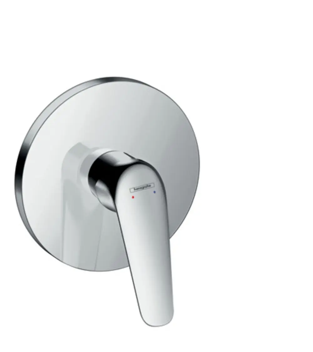 Verschwenderischer Einhebelmischer von Hansgrohe, Unterputz montiert, in Chrom-Optik mit runder Wandplatte und farblich gekennzeichneten Regler für Warm- und Kaltwasser.